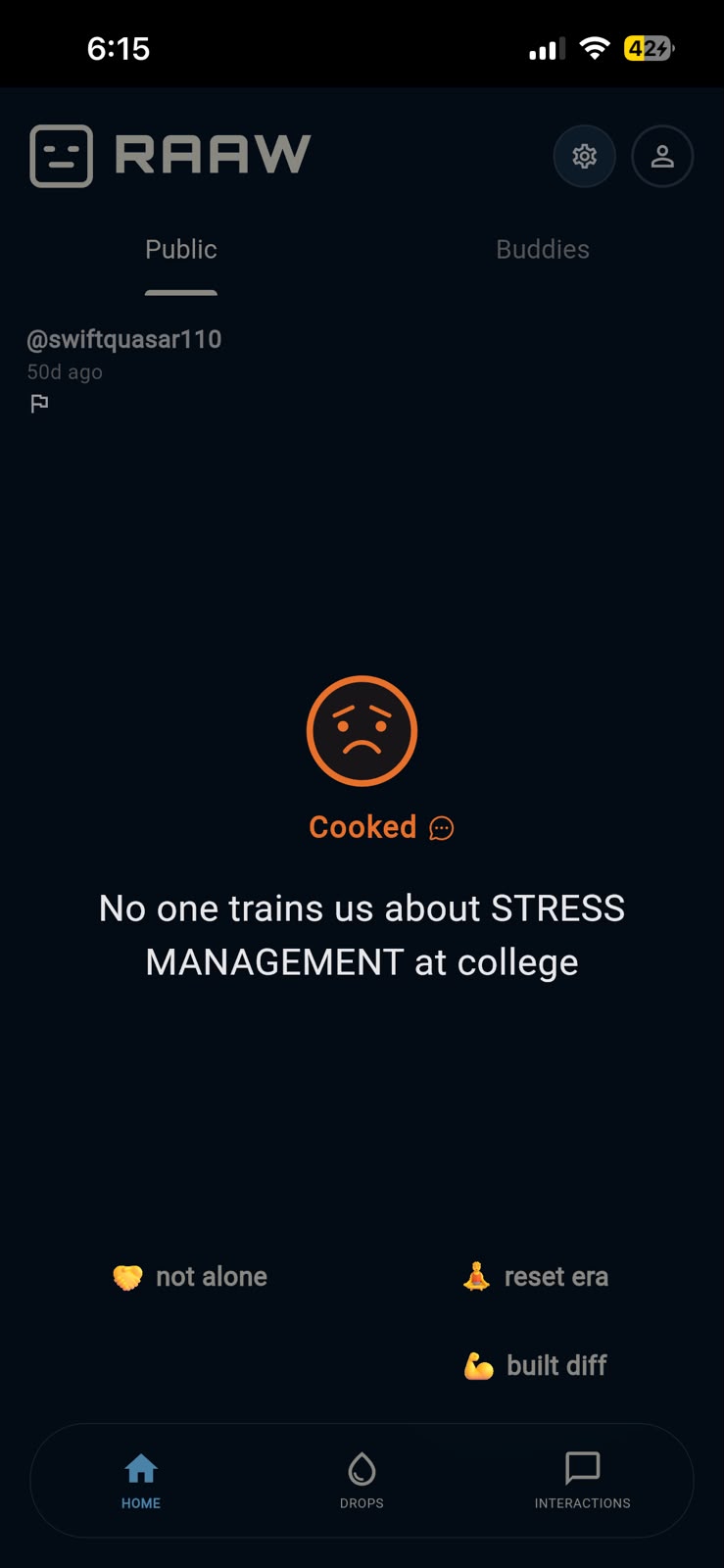 A Cooked drop reading “No one trains us about STRESS MANAGEMENT at college”, with reactions not alone, reset era and built diff