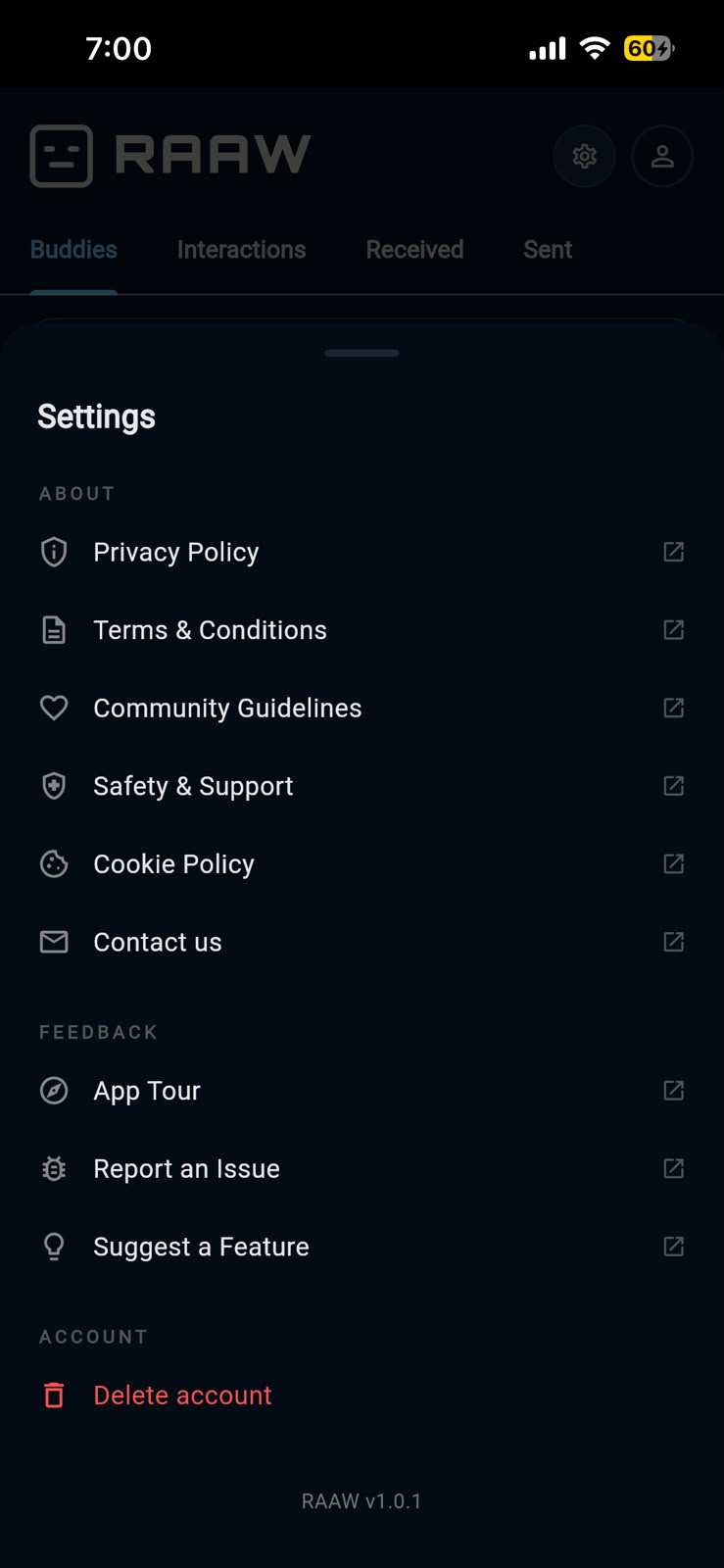 Settings, listing the privacy policy, community guidelines, safety and support, reporting an issue and deleting your account