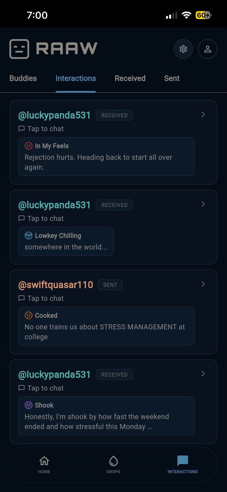 The Interactions list, where each conversation is attached to the specific drop that started it