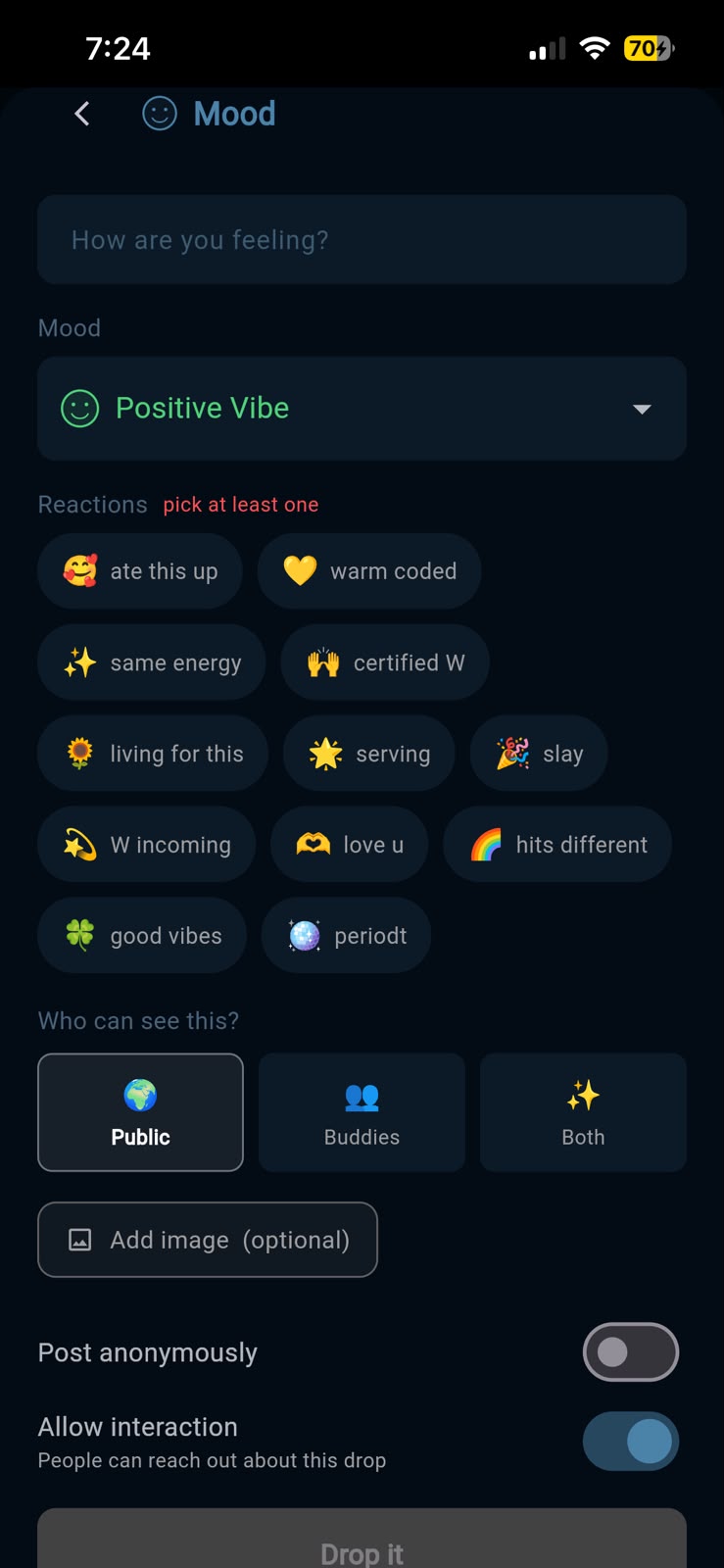 Composing a Mood drop: the mood dropdown, the twelve reaction chips to pick from, who can see it, post anonymously, and allow interaction