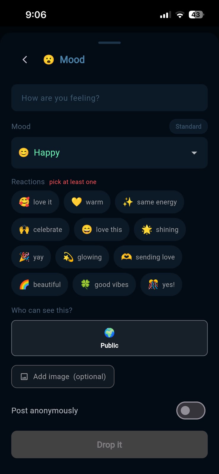 Drop creation – pick mood and reactions